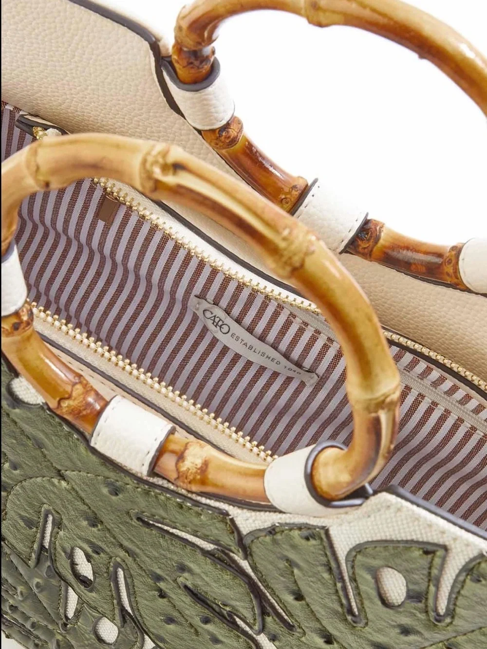 NWT Cato, Large, Beige & Olive Green Textured Leaves Bamboo-Handle Tote Bag